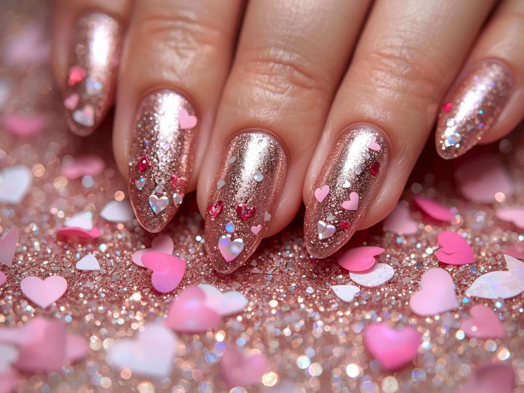 Glossy rose gold holographic heart nail art with glossy finish.