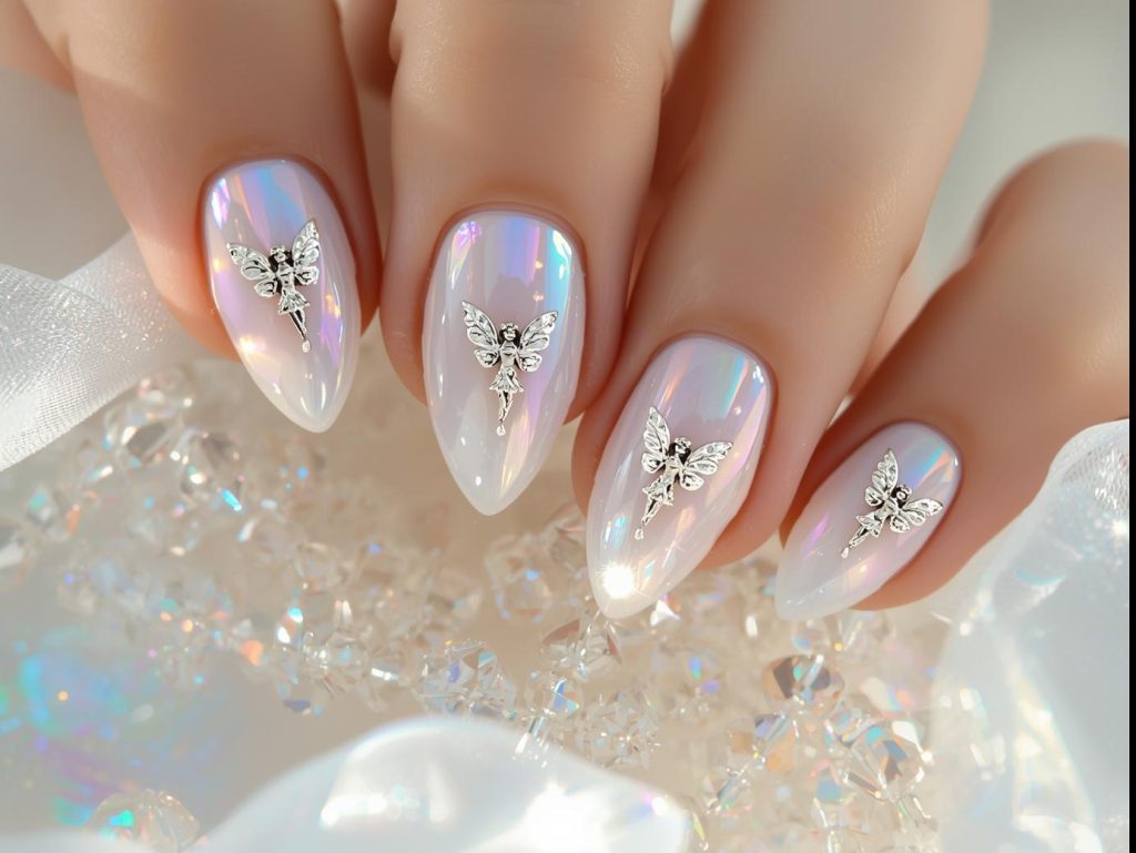  Pearlescent white fairy nail art with tiny crystal fairy charms