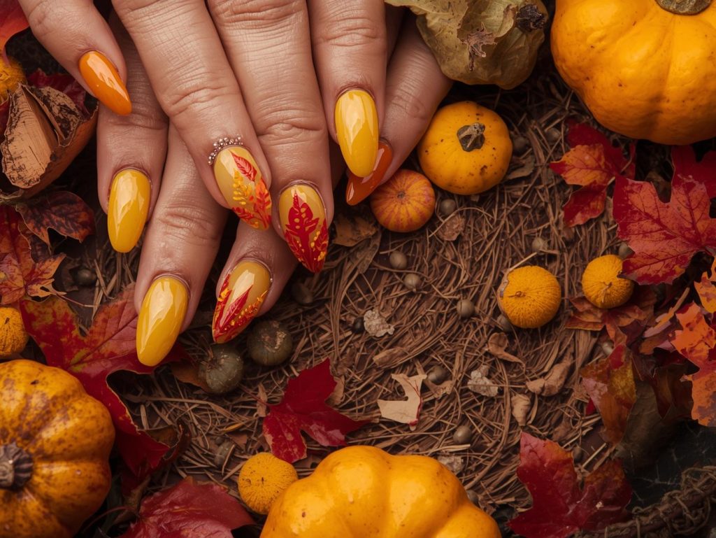 Fall Leaves Nail Art: Cozy and Pinterest-Worthy Manicures to Adore 11 Glossy mustard yellow red and orange leaf nail art with glossy finish.