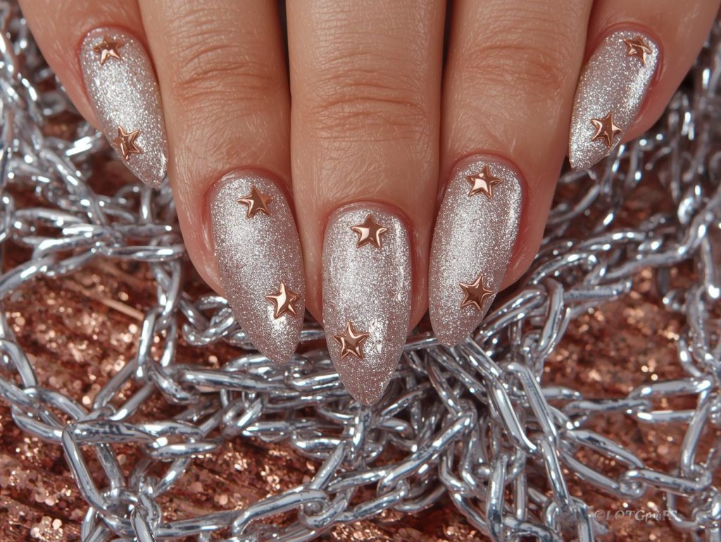 Metallic Silver Nail Designs: Sleek and Pinterest-Worthy Manicures to Adore 11 Glossy silver rose gold star nail art with glossy finish.