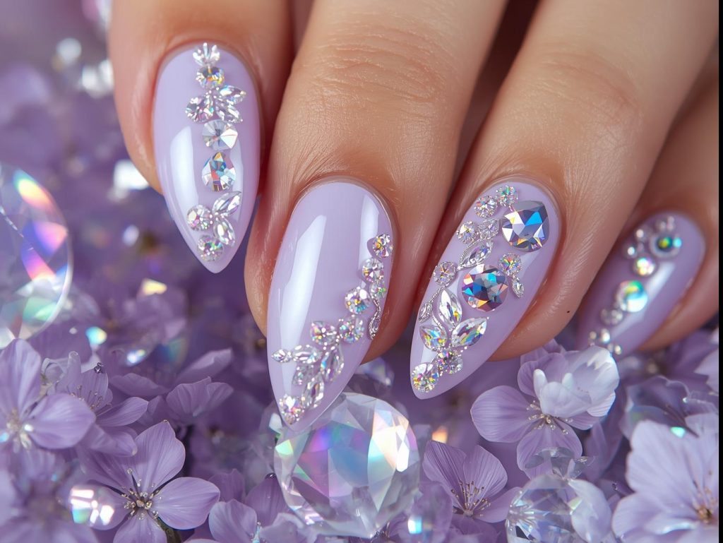  Delicate lavender unicorn nail art with rainbow crystal embellishments.
