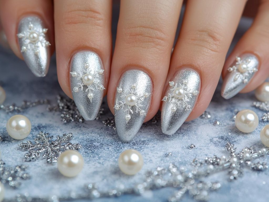 Snowflake Nail Designs: Wintry and Pinterest-Worthy Manicures to Adore 11 Glossy silver pearl snowflake nail art with glossy finish.