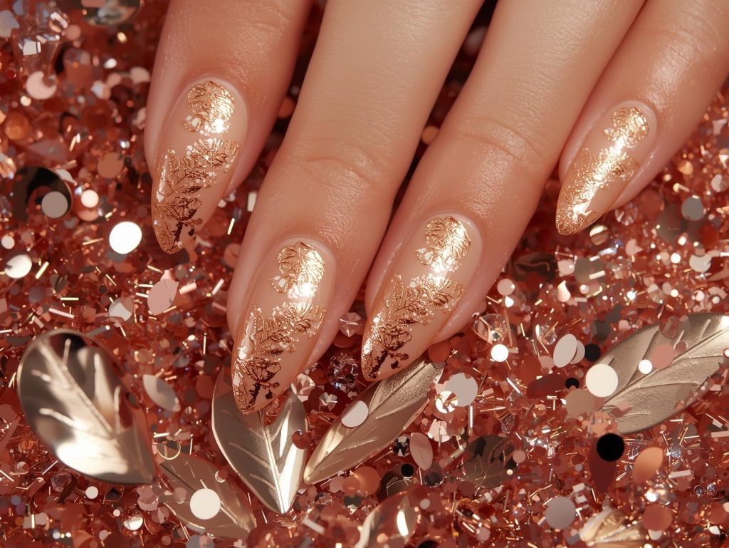 Metallic Gold Nail Designs: Opulent and Pinterest-Worthy Manicures to Adore 11 Glossy gold rose gold leaf nail art with glossy finish.