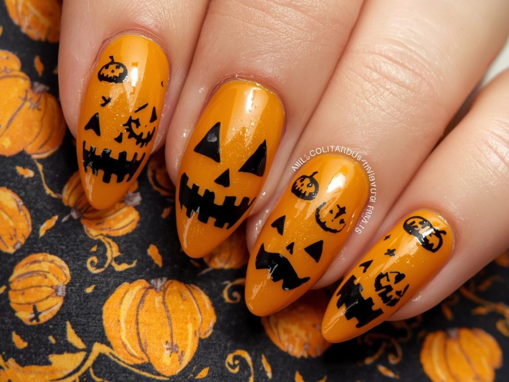  Glossy mustard yellow black jack-o'-lantern nail art with glossy finish.