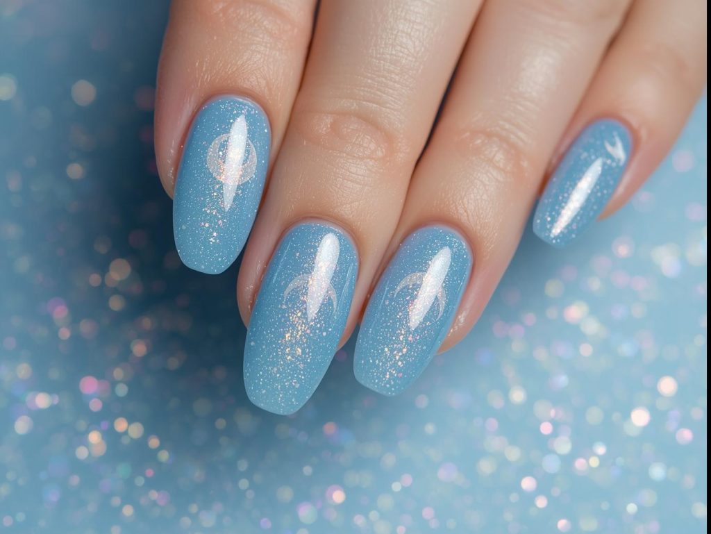 Sky Blue Nail Designs: Serene and Pinterest-Worthy Manicures to Adore 11 Glossy sky blue holographic moon nail art with glossy finish