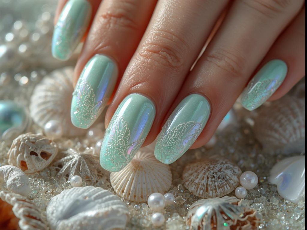 Glossy mint green holographic seashell nail art with glossy finish.