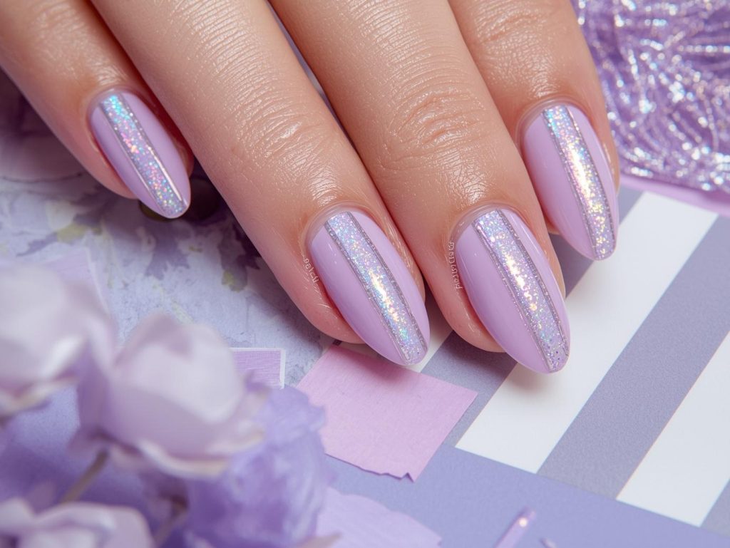  Soft lavender holographic striped nail art with glossy finish