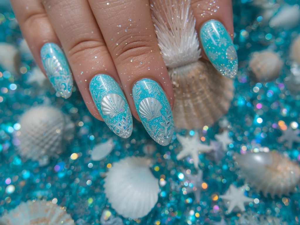 Glossy turquoise holographic seashell nail art with glossy finish.