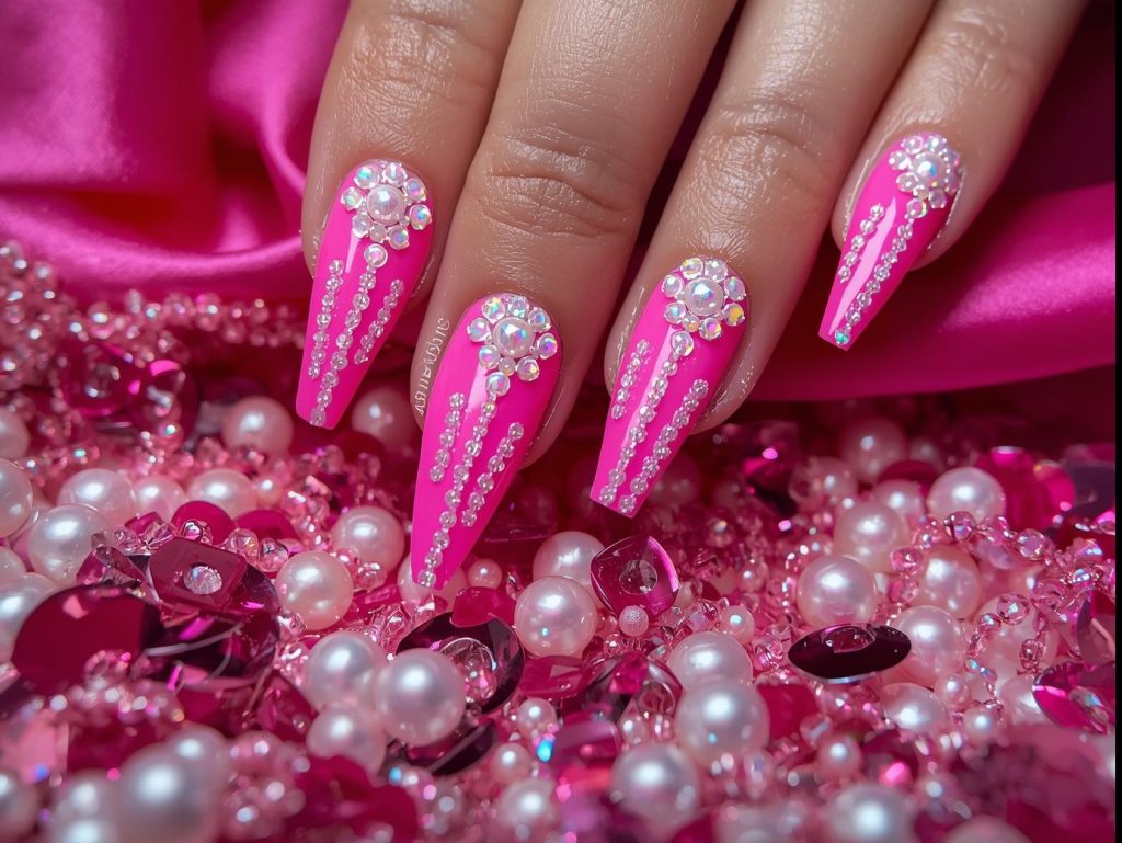  Neon pink iridescent pearl drip nail art with glossy finish