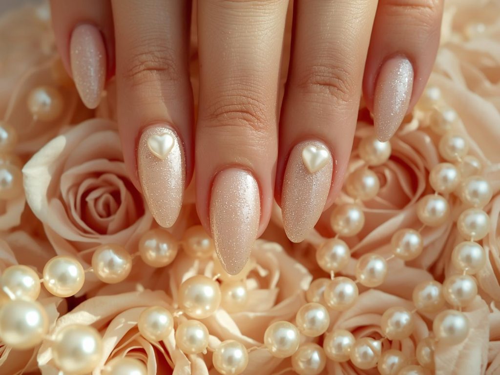 Heart Nail Designs: Romantic and Pinterest-Worthy Manicures to Adore 11 Shimmering beige pearl heart nail art with matte finish.