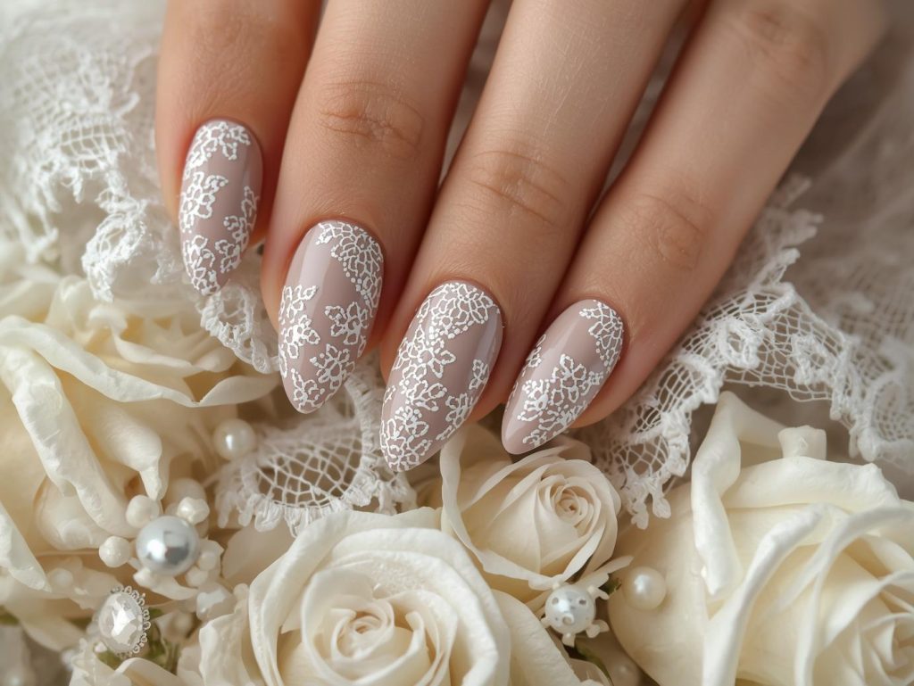 Classy Nail Designs: Elegant and Pinterest-Worthy Manicures to Adore 11 Glossy taupe ivory lace nail art with glossy finish.
