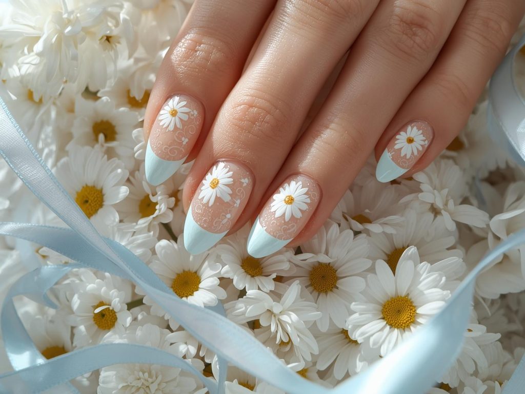 Pale blue tips white daisy nail art with glossy finish.