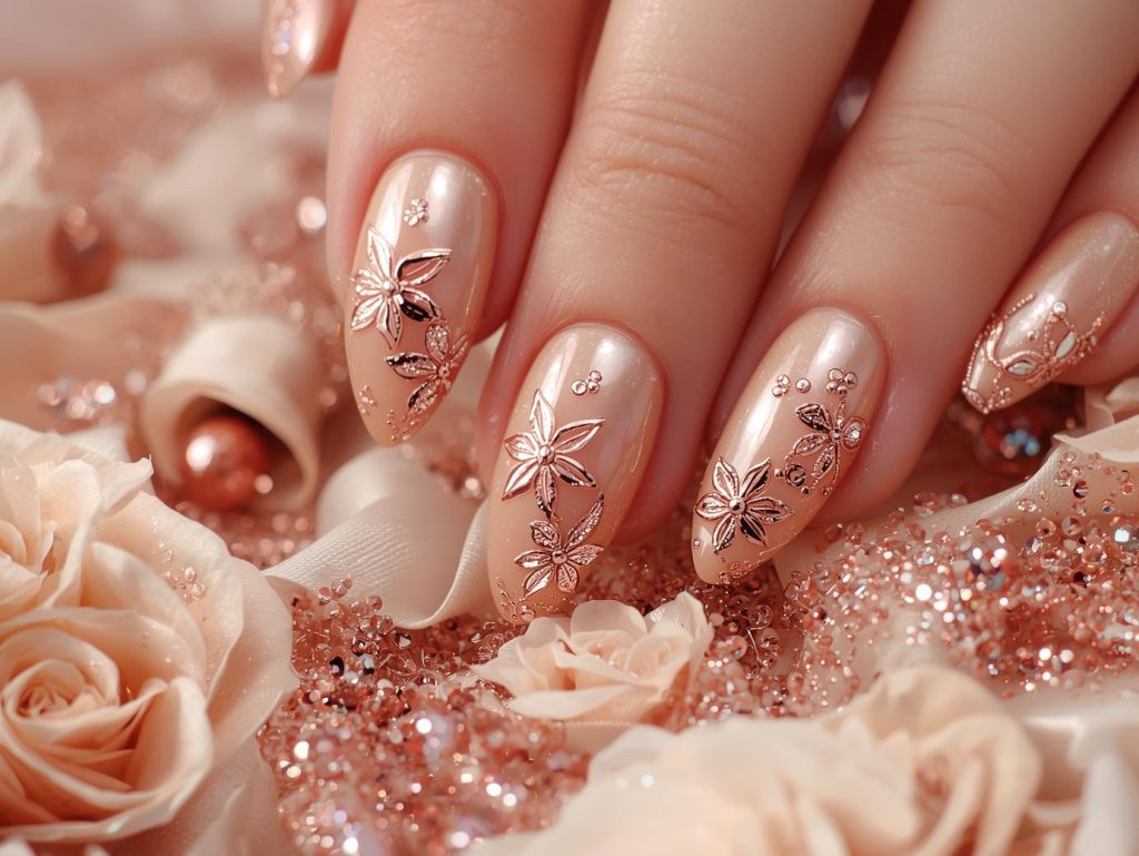 Glossy champagne rose gold floral nail art with glossy finish.