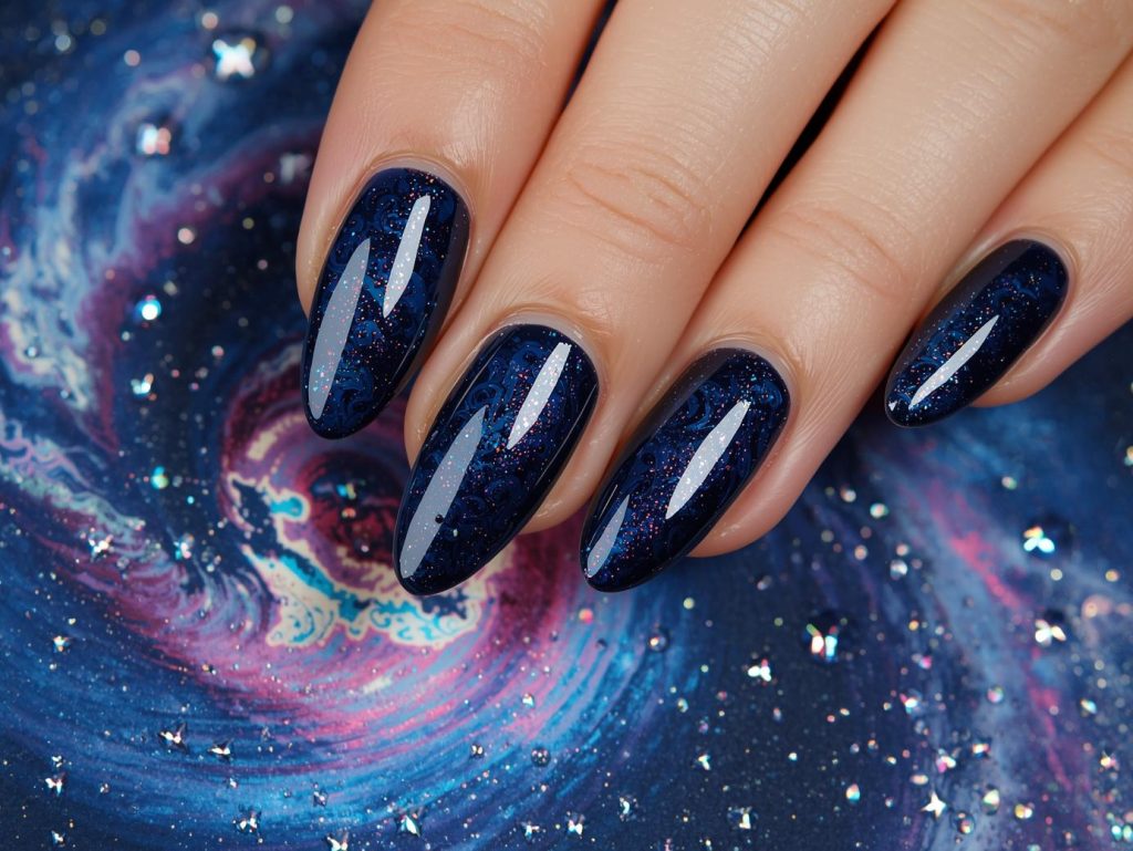 Glossy navy holographic swirl nail art with glossy finish.