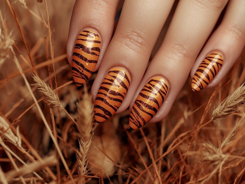 Warm tan bronze tiger nail art with glossy finish.