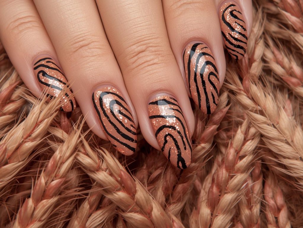 Zebra Print Nail Designs: Bold and Pinterest-Worthy Manicures to Adore 11 Warm taupe bronze zebra nail art with glossy finish.