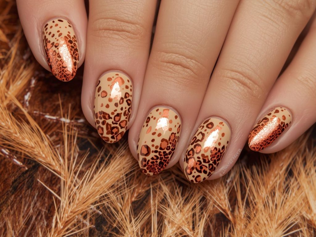Warm beige copper leopard nail art with glossy finish.