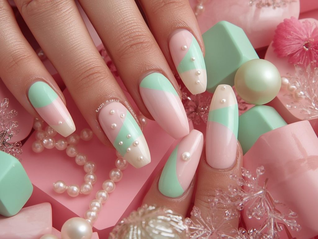 Pastel pink and mint green color block nail art with pearl embellishments.