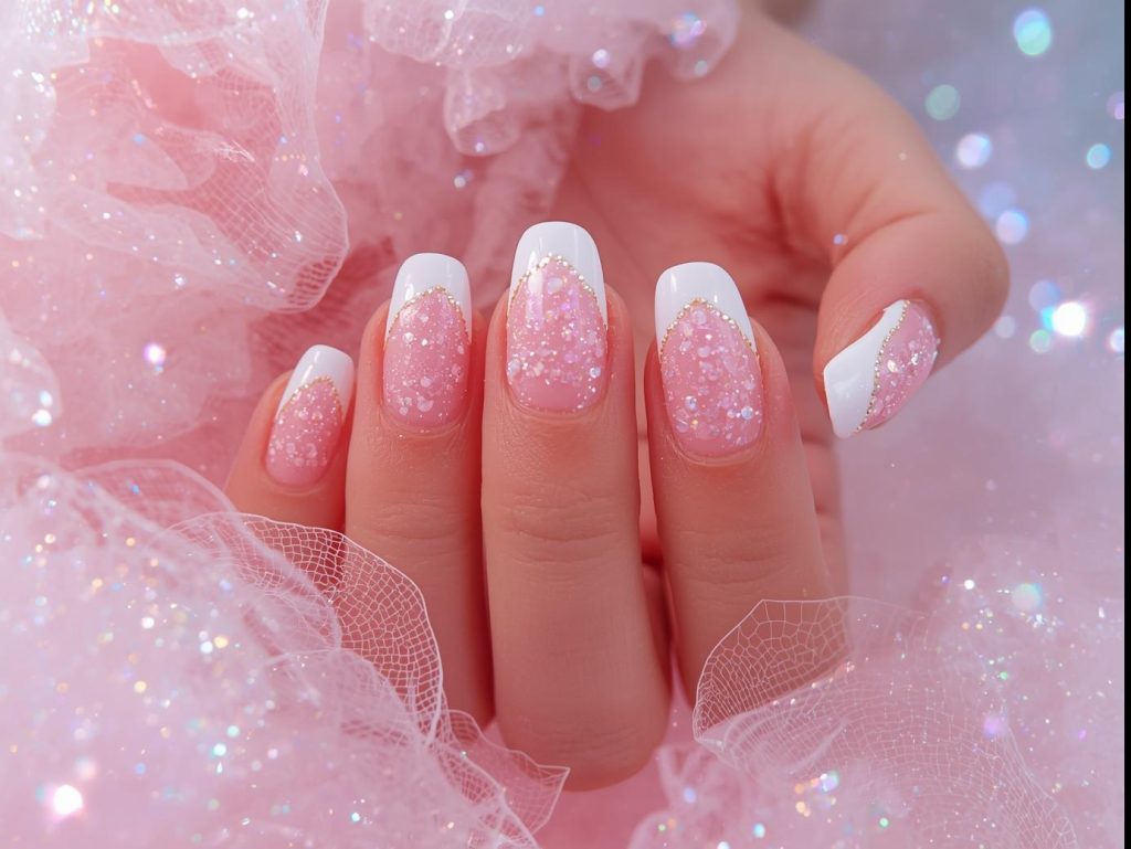 White French tip nail art with holographic sparkle outlines