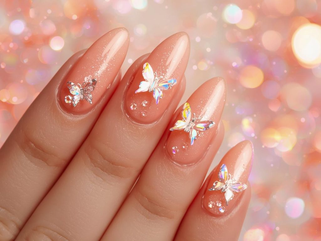 Soft Girl Nail Designs: Dreamy and Pinterest-Worthy Manicures to Adore 11 Glossy peach holographic butterfly nail art with glossy finish.