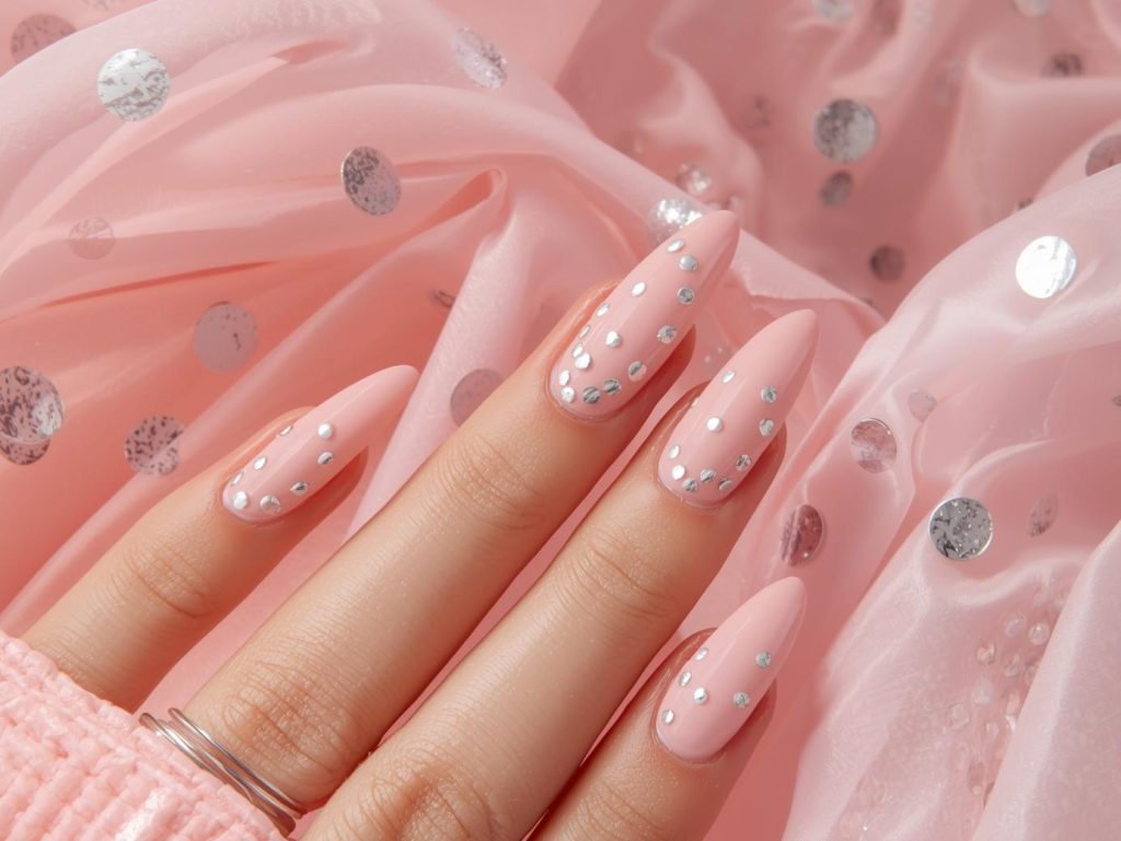 Soft pink silver polka dot nail art with glossy finish.