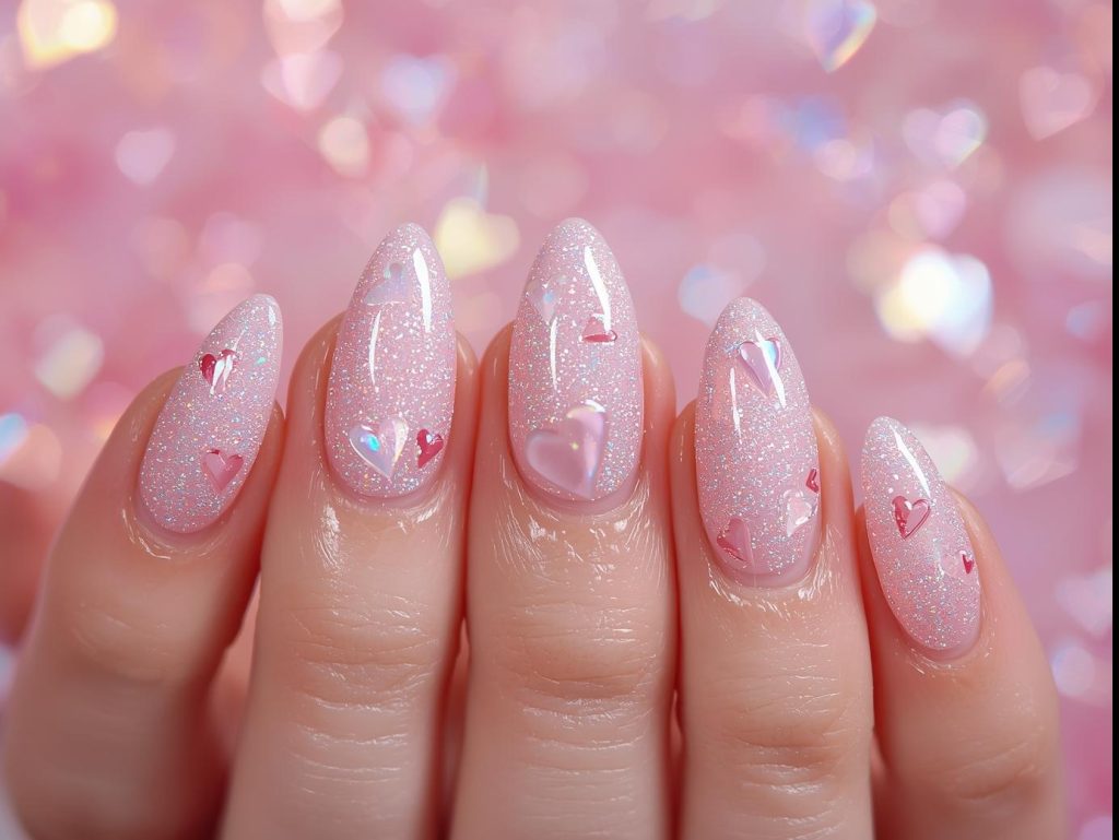  Glossy blush holographic heart nail art with glossy finish.