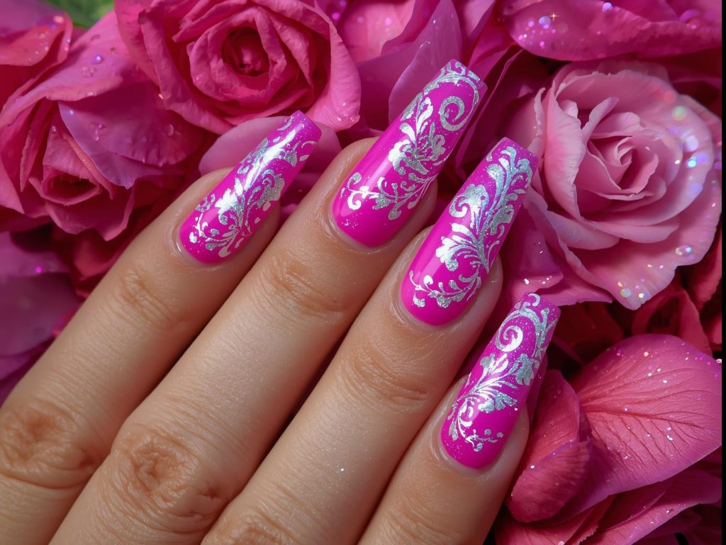 Hot Pink Nail Designs: Bold and Pinterest-Worthy Manicures to Obsess Over 11 Hot pink holographic floral swirl nail art with glossy finish.