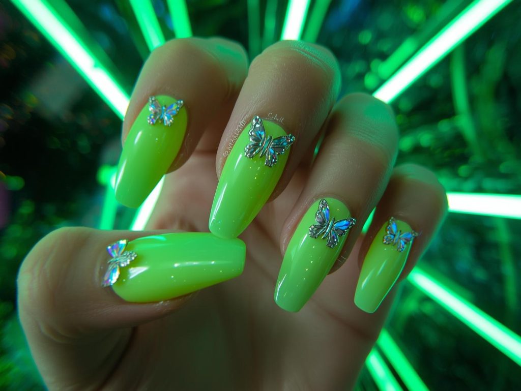 Glossy lime green iridescent butterfly nail art with glossy finish.