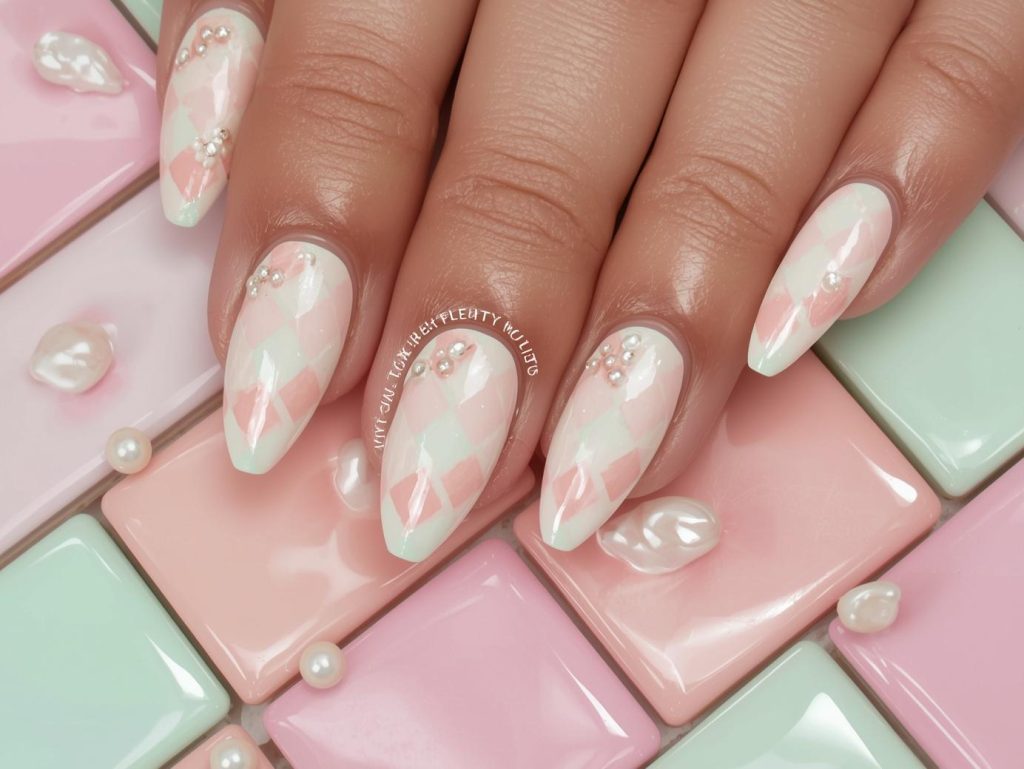  Pastel pink and mint green checkerboard nail art with pearl embellishments.