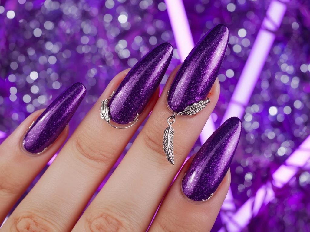 Festival Nail Designs: Vibrant and Pinterest-Worthy Manicures to Adore 11 Glossy purple silver metallic feather nail art with glossy finish.