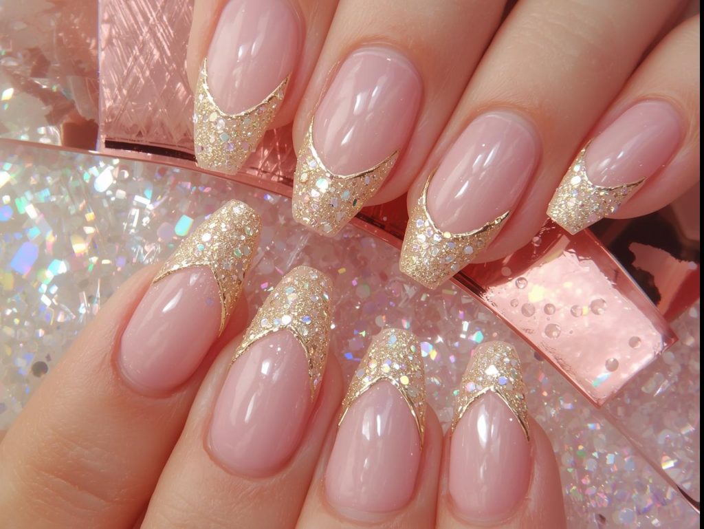 Gold French tip nail art with holographic glitter outlines.