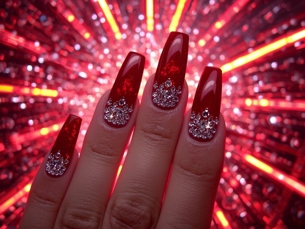 Party Nail Designs: Bold and Pinterest-Worthy Manicures to Adore 11 Glossy red crystal rhinestone nail art with glossy finish.