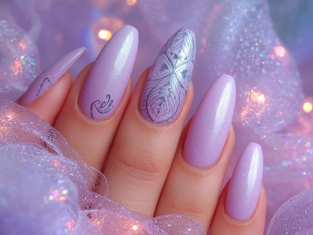  Soft lavender holographic airbrush nail art with glossy finish.