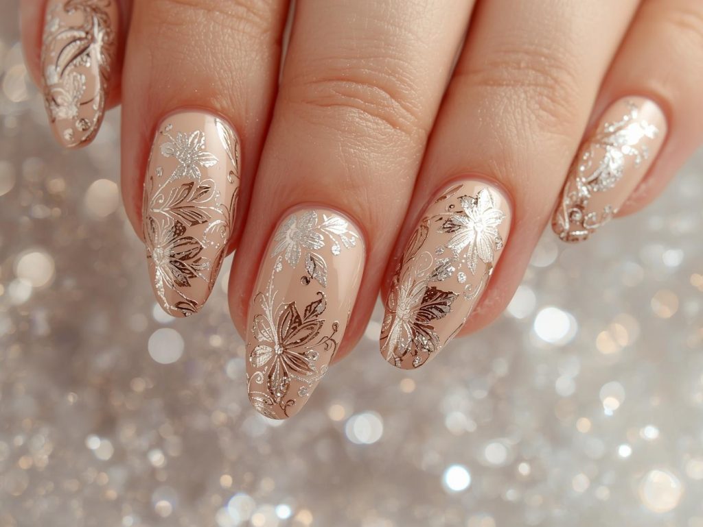 Glossy champagne silver floral filigree nail art with glossy finish.