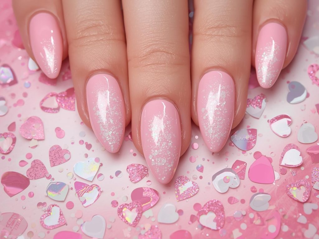 Soft pink holographic heart sticker nail art with glossy finish.
