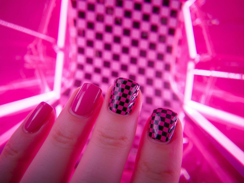 Glossy hot pink checkerboard nail art with glossy finish.