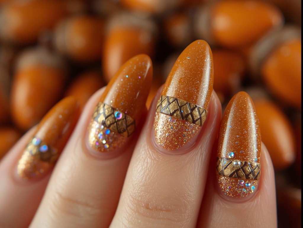 Brown Nail Designs: Warm and Pinterest-Worthy Manicures to Adore 11 Glossy caramel holographic acorn nail art with glossy finish