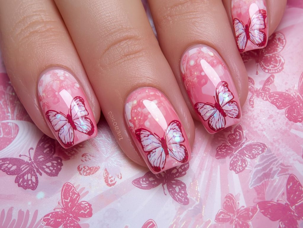 Soft pink holographic butterfly decal nail art with glossy finish.