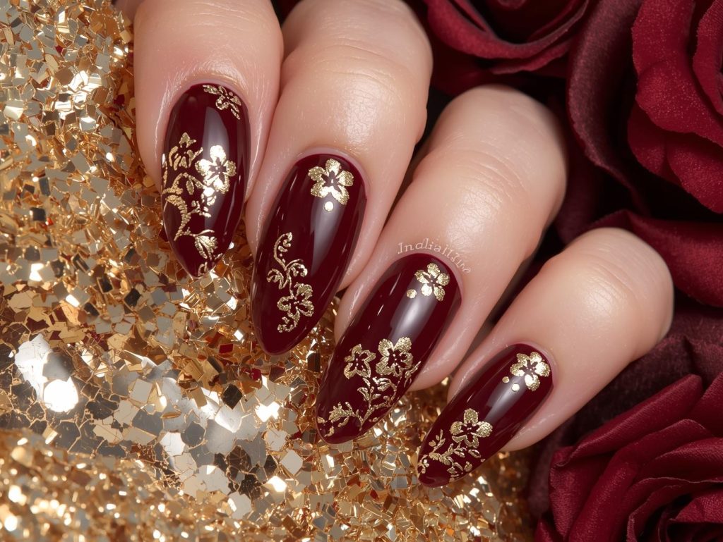 Glossy burgundy gold foil floral nail art with glossy finish.