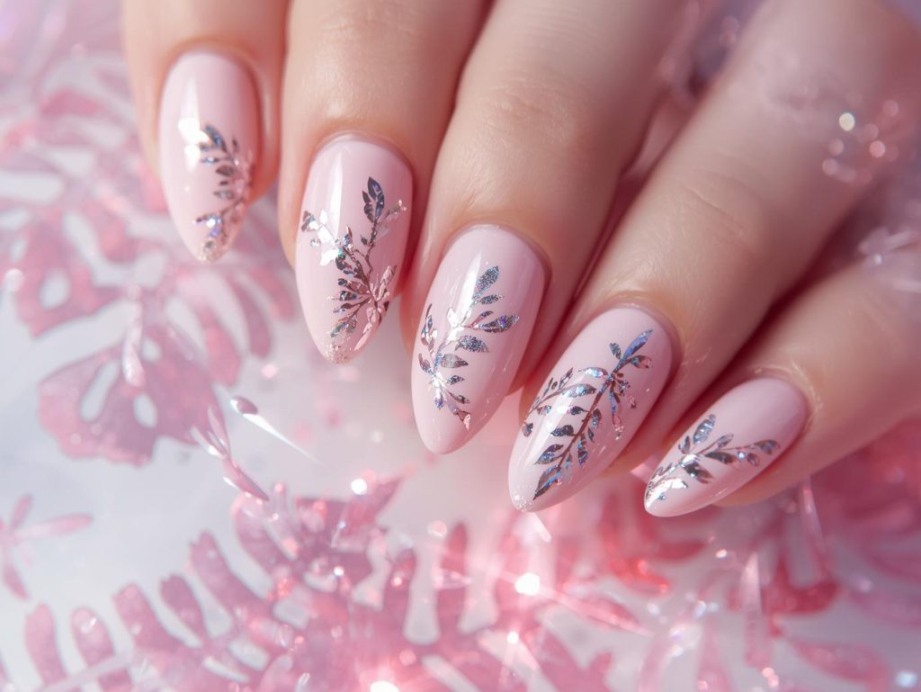 Soft pink holographic leaf hand painted nail art with glossy finish.