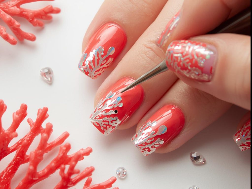 Coral Nail Designs: Vibrant and Pinterest-Worthy Manicures to Adore 11 Glossy coral holographic coral reef nail art with glossy finish.