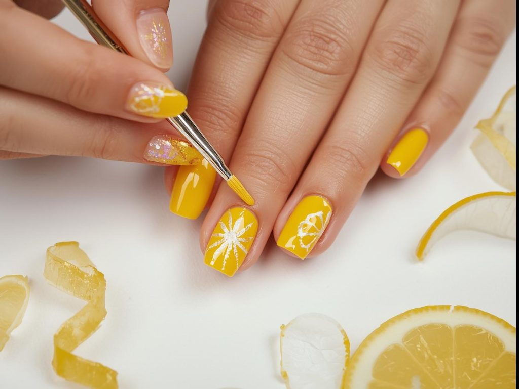 Creating glossy lemon yellow holographic lemon peel nail art with holographic polish.