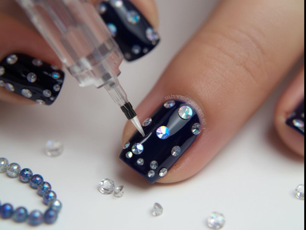 Creating holographic gem accent 3D nails with navy polish and gems