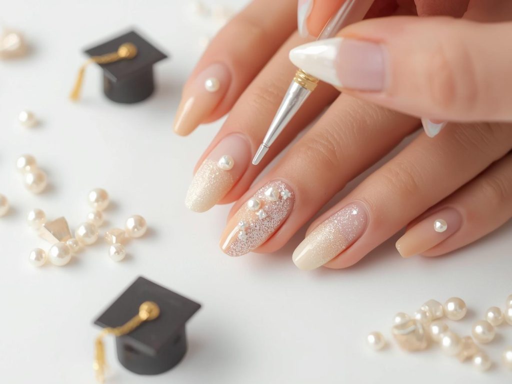 Creating shimmering beige pearl grad cap nail art with pearl embellishments.