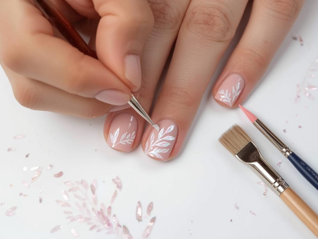 Creating soft pink holographic leaf hand painted nail art with holographic leaf motifs.