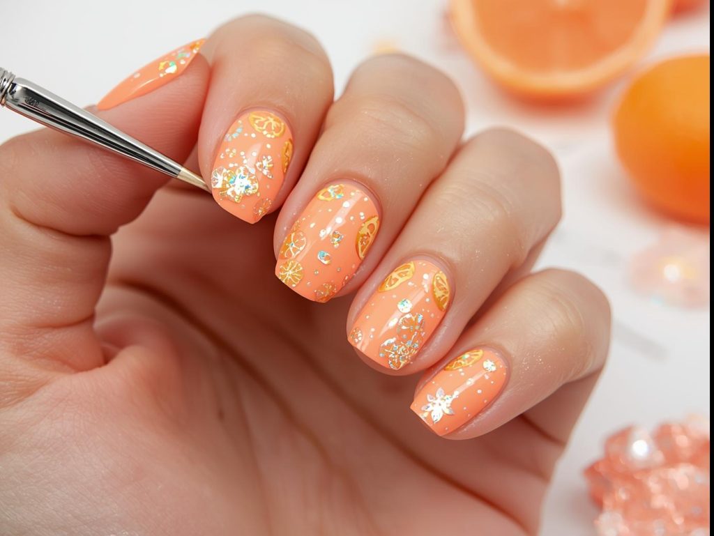 Creating glossy peach holographic citrus slice nail art with holographic polish.