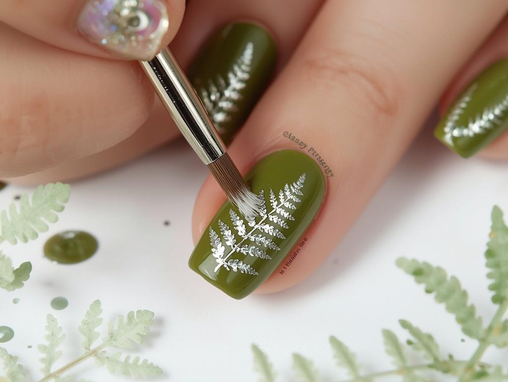 Olive Green Nail Designs: Earthy and Pinterest-Worthy Manicures to Adore 12 Creating glossy olive green holographic fern nail art with holographic polish.