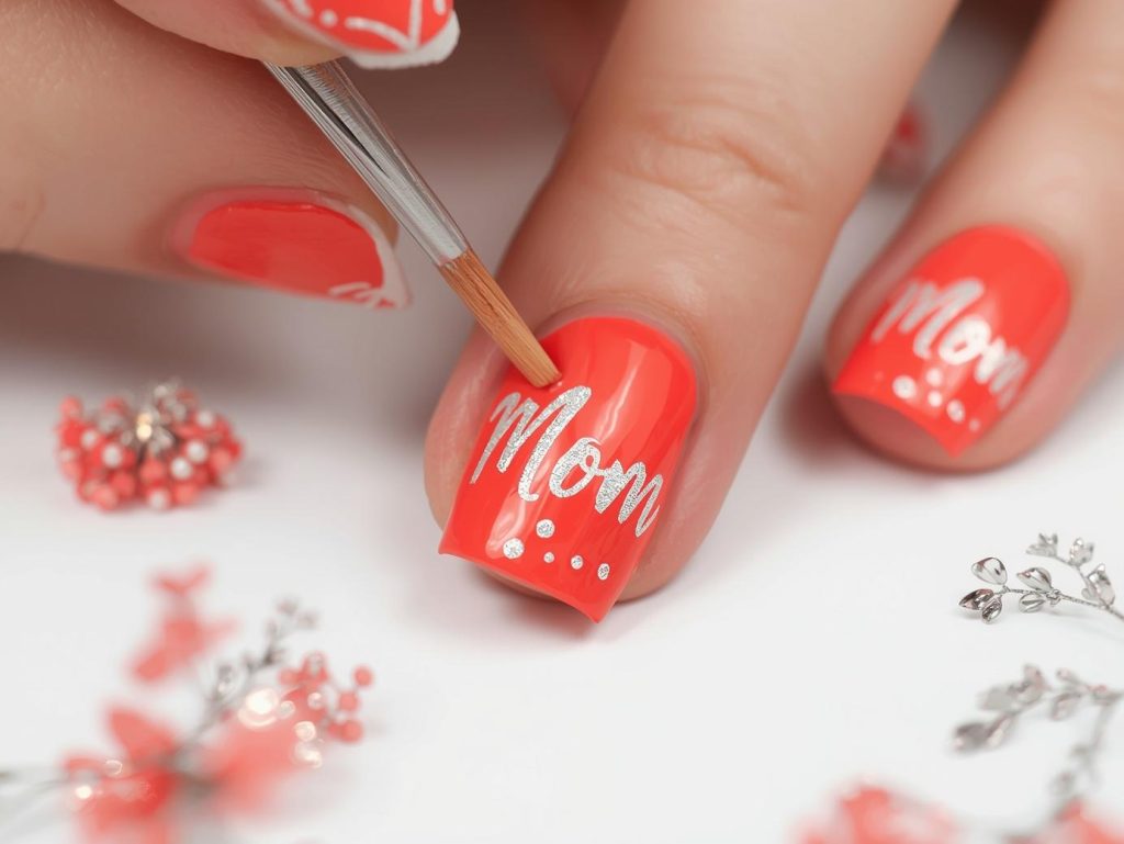 Mother's Day Nail Designs: Heartfelt and Pinterest-Worthy Manicures to Adore 12 Creating glossy coral silver script "Mom" nail art with silver patterns.
