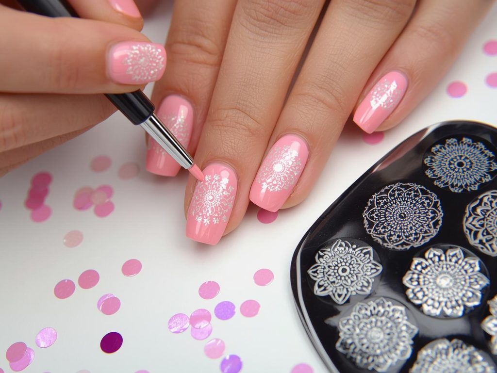  Creating soft pink holographic mandala stamped nail art with holographic mandala stamps.