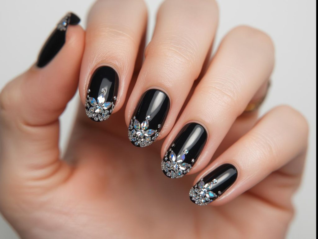 Creating holographic crystal accent nail art with black polish and crystals
